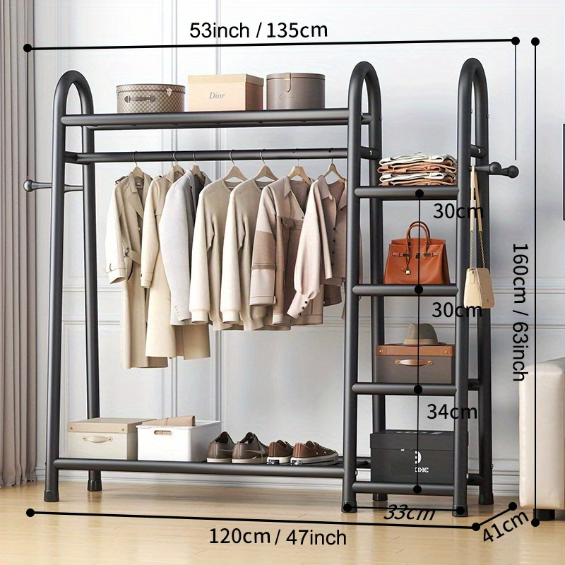 TEMU Heavy Duty Clothes Rail Black Metal Rack With Hanging Clothing Rail, Shoe Rack, Storage Shelves & 4 Coat Hooks, Wardrobe Clothes Rails For