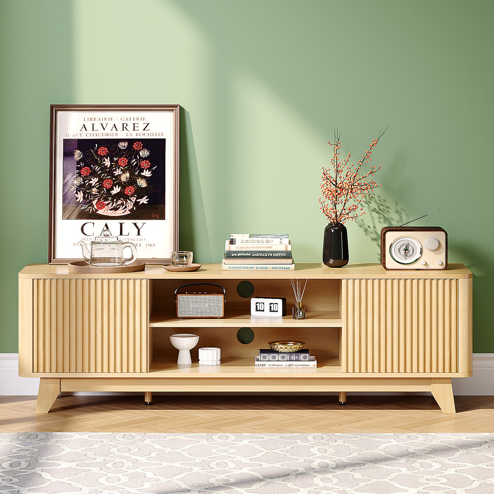 Image of Fluted Tv Stand For Up Inch Tv, Mid-century Modern Entertainment Center With Storage Shelves, Natural Oak/walnut Wood Console, 149x38x46cm