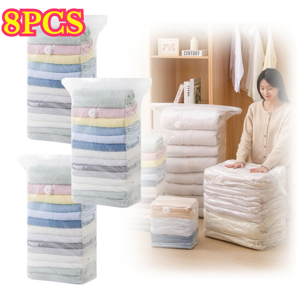 Image of 8pcs No Pump Vacuum Storage Bags, Press And Seal Space Saver Compression Bags For Clothes, Bedding, Comforters, Blankets, Travel And Home Organization, Wardrobe Organization