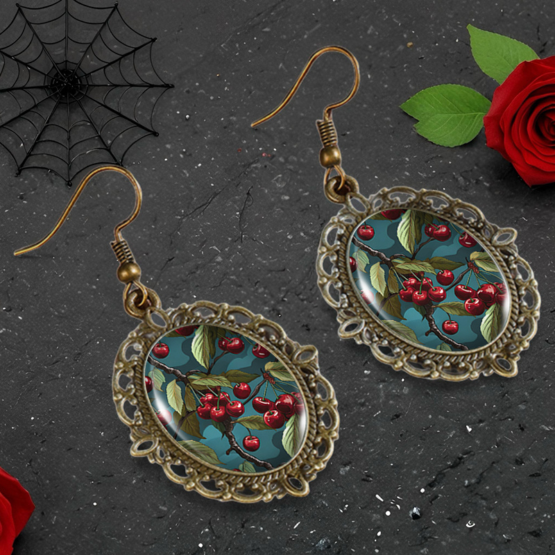 Cherries And Leaves Vintage Lace Earrings