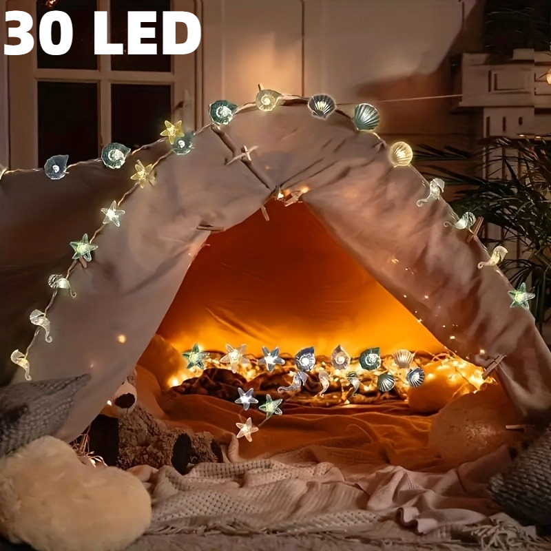 E-shop 30-LED Meeres-Dekolichterkette mit Muschel-, Seepferdchen-, Conch-Muschel- Seestern-Stranddesigns, 299,92 cm lang, batteriebetrieben, aus