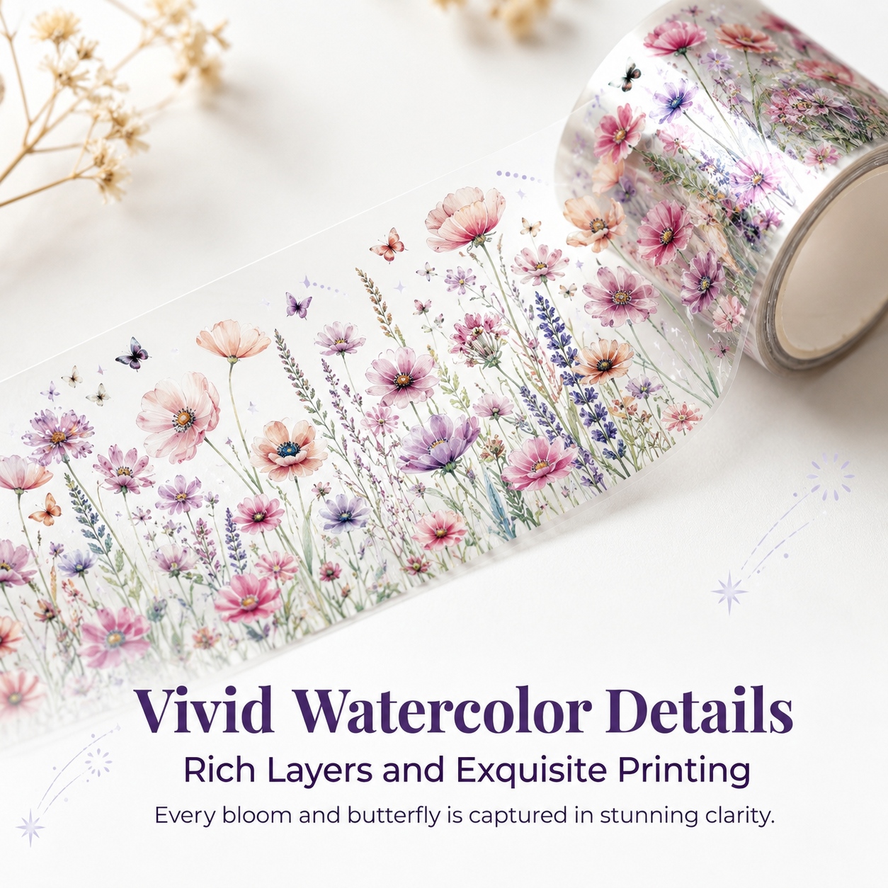 1 Roll Romantic Transparent Pet Tape, Watercolor Floral Decorative Tape For Journaling, Planner, Scrapbooking, Crafts, Card Making