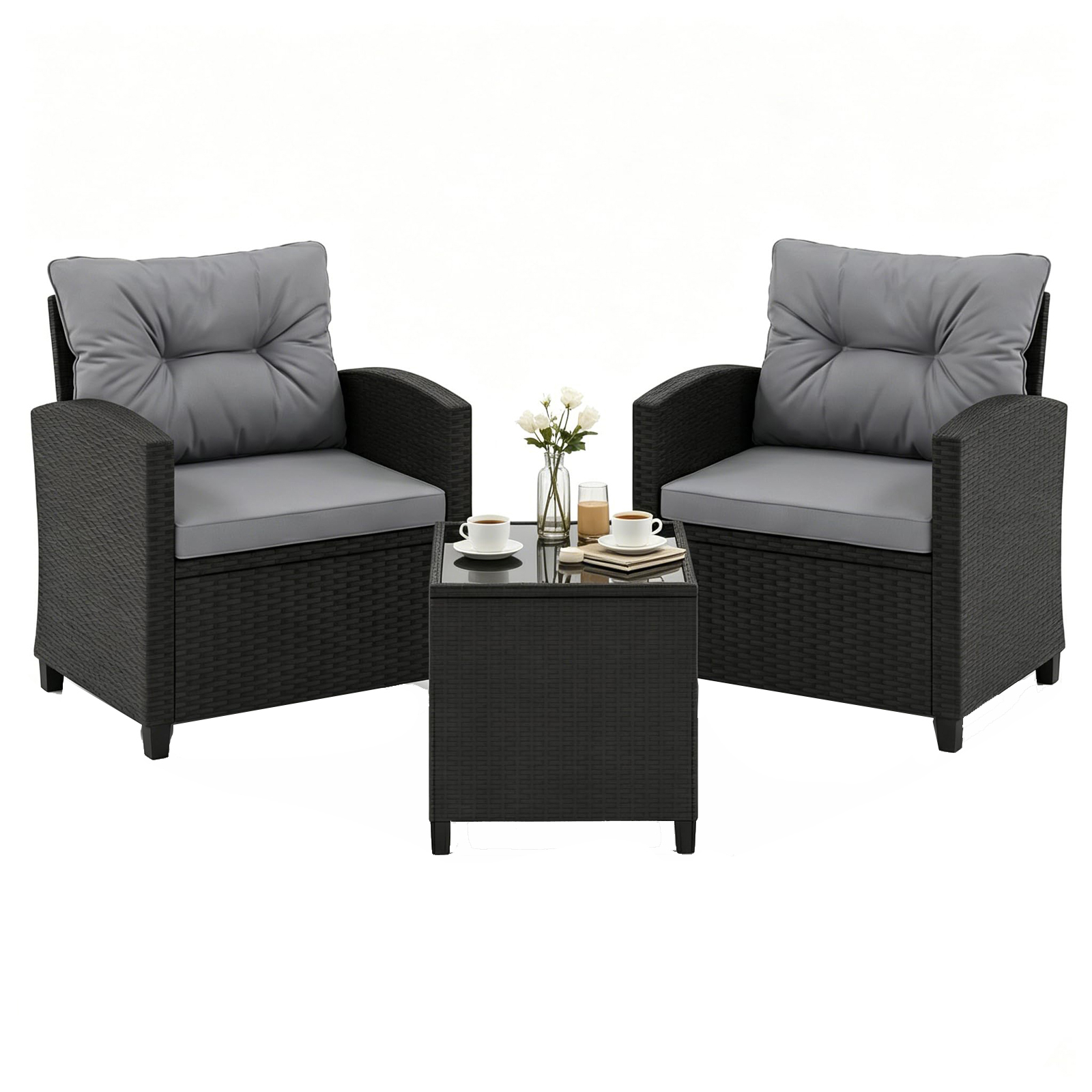 Image of 3pcs Patio Furniture Set, Pe Wicker Bistro Set With Tempered Glass Coffee Table, Outdoor Conversation Chairs With Metal & Soft Cushions For Balcony, Porch And Garden, Gray