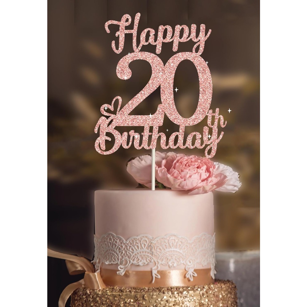 20th Birthday Cake Toppers | Rose Golden Glitter, Party And Reunion Decorations, Made Of Pp Material
