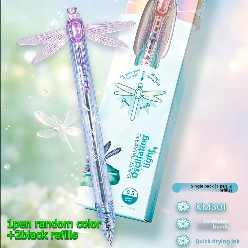 TEMU 3pcs Dragonfly Press-button Neutral Pens, Quick-dry Ink High Aesthetic Student Use Cs Dual-bead Black Ink Pens 1pc And 2pcs Black Refills