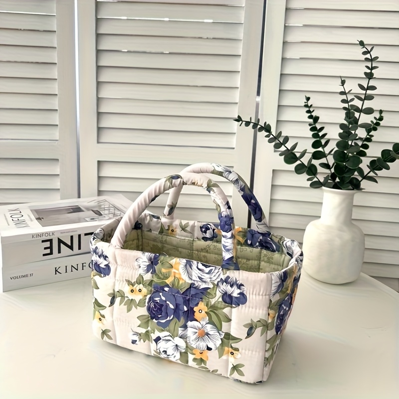 TEMU Cesta de Almacenamiento de Tela con Estampado Floral - Estilo Coreano con Bordes Resistentes, Azul /Rosa/Beige/, Organizador Duradero Adecuado