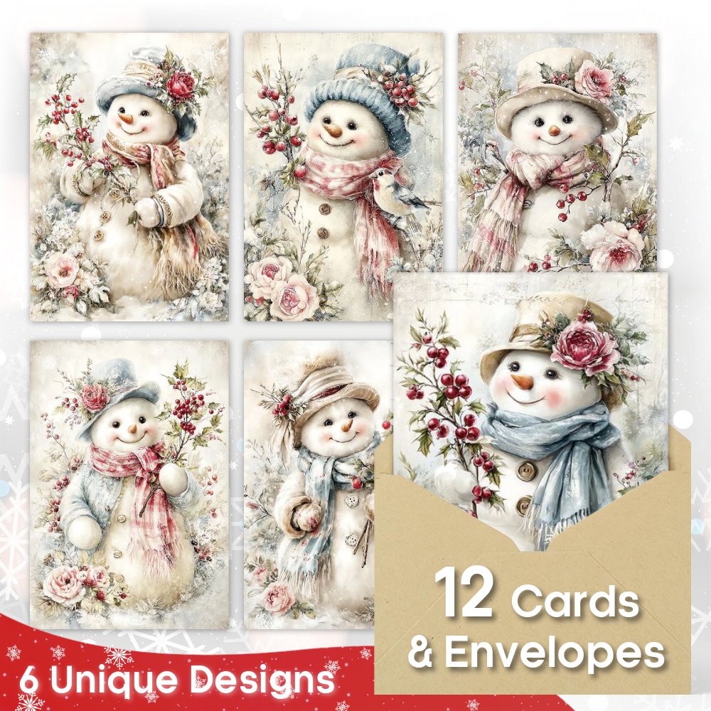 TEMU 24 Vintage Winter Floral Snowman Watercolor Christmas Cards With Envelopes - Featuring Retro Snowman And In Pink And Beige Tones, Perfect For