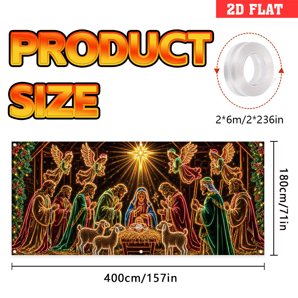 TEMU 2d Flat, 2d Flat - 2d Door Banner 2d Flat Banner, 1pc, Christmas Themed For Garage Door Banner, Polyester, Uv Activated, Nativity Scene Print,