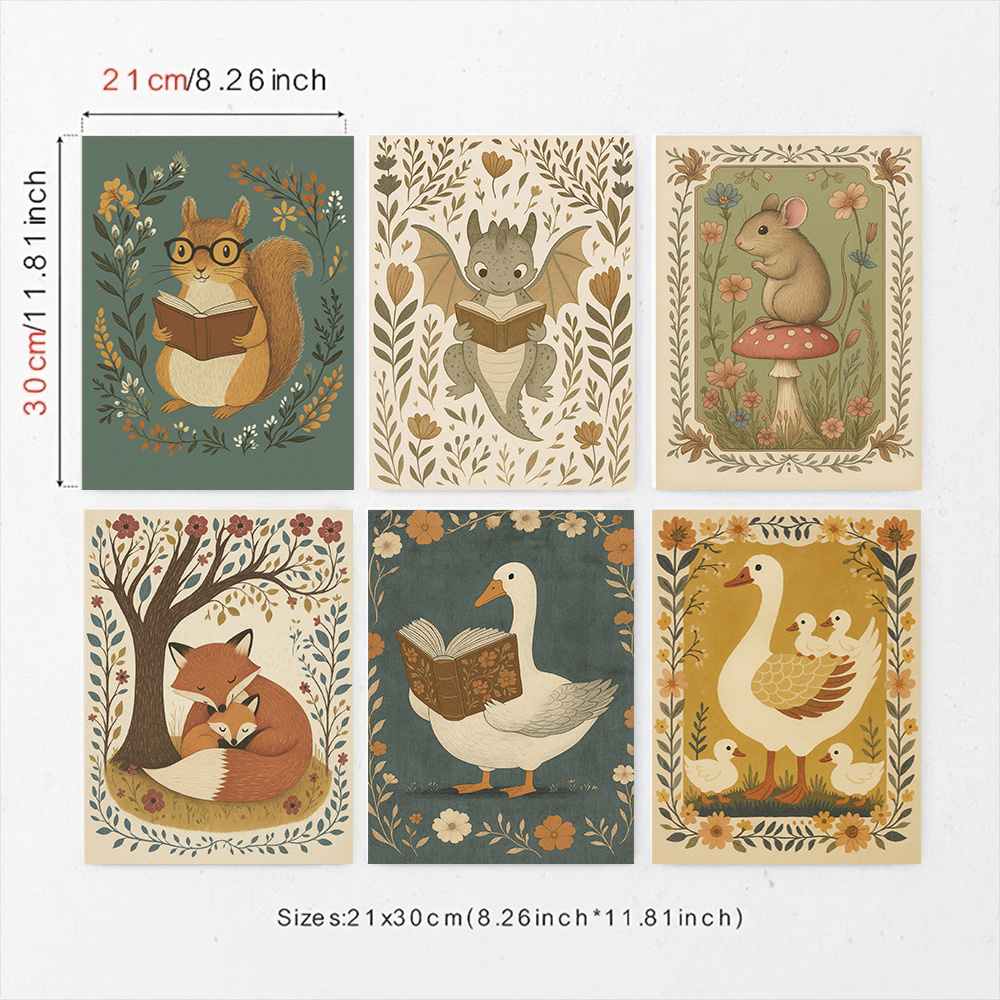 Image of 2d Flat, Set Of 6 Animal Nursery Canvas Poster Cute Forest Animals Reading Art Prints For Kids Room Living Room Bedroom Wall Decor,halloween Christmas Decor