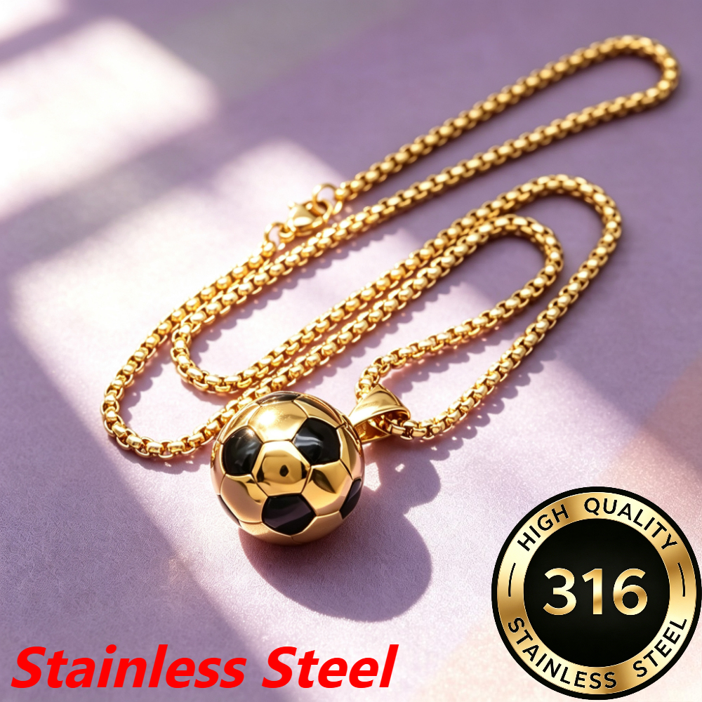 TEMU 18k Gold Plated 3d Soccer Pendant 316 Bead Chain Non-fading Western Athletic Style Men's Fan All-match Hip-hop Long Necklace