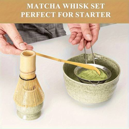 3pcs set traditional matcha bamboo whisk scoop chashaku stainless steel sifter basic matcha tea making kit