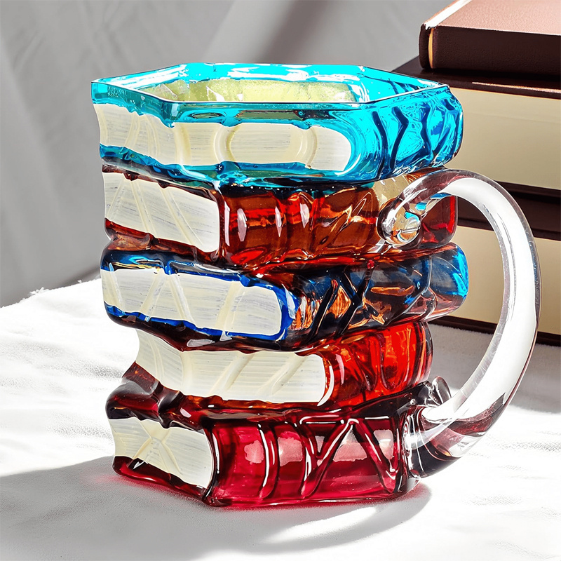 TEMU 1pc Hand-painted Book Stack Design Coffee Mug - 7/14oz Stackable Glass Cup With , Orange, Red & Yellow Stained Glass Art, Reusable Novelty Gift
