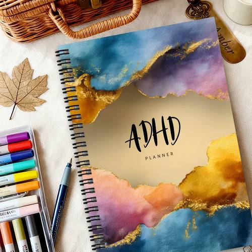 ästhetik adhd planer spiralblock - aquarell goldfolie neurodiversität tagebuch mit täglicher -liste, fokus-verbesserungstools & journal organisationssystem für adhd/add, zur verfolgung von routinen, terminen, & ausgaben - ideal