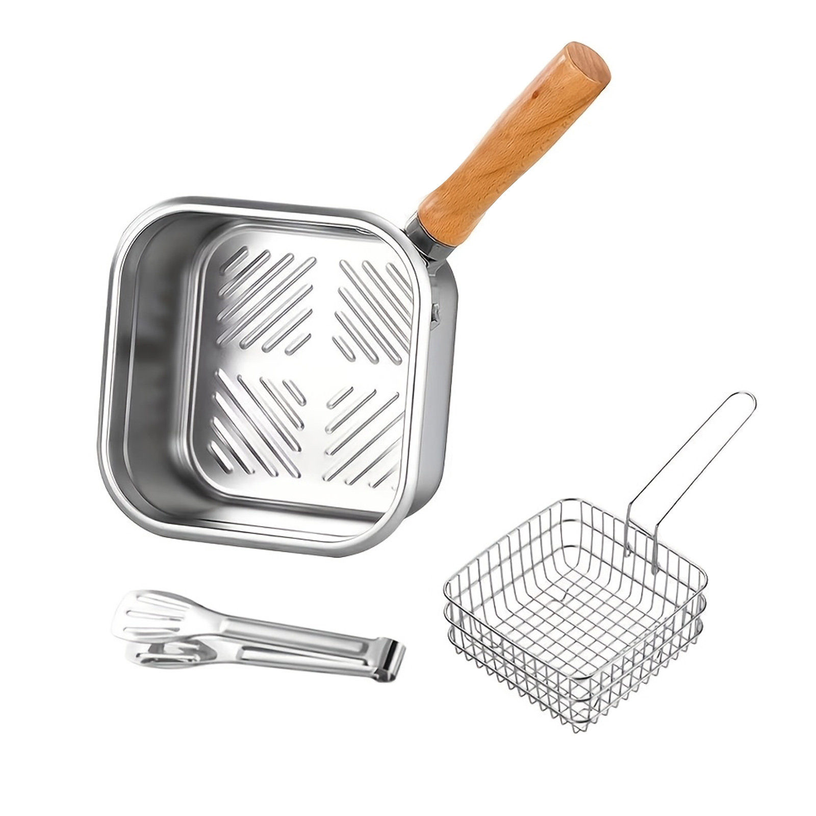 TEMU Stainless Steel Deep Fryer Pot Square Cooking Pan With Frying Basket And Tongs
