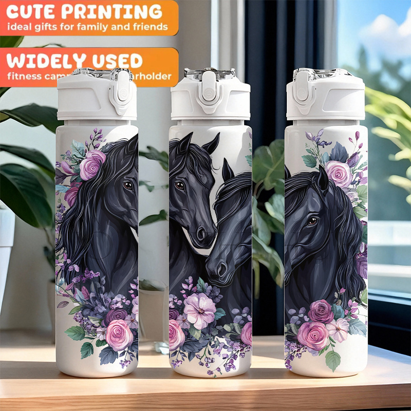 TEMU 1pc Double Floral Wrap-around Design, 750ml/26oz Plastic Sports Water Bottle, Cute Printed Pattern, Leak-proof With Pop-up Lid, Lightweight,