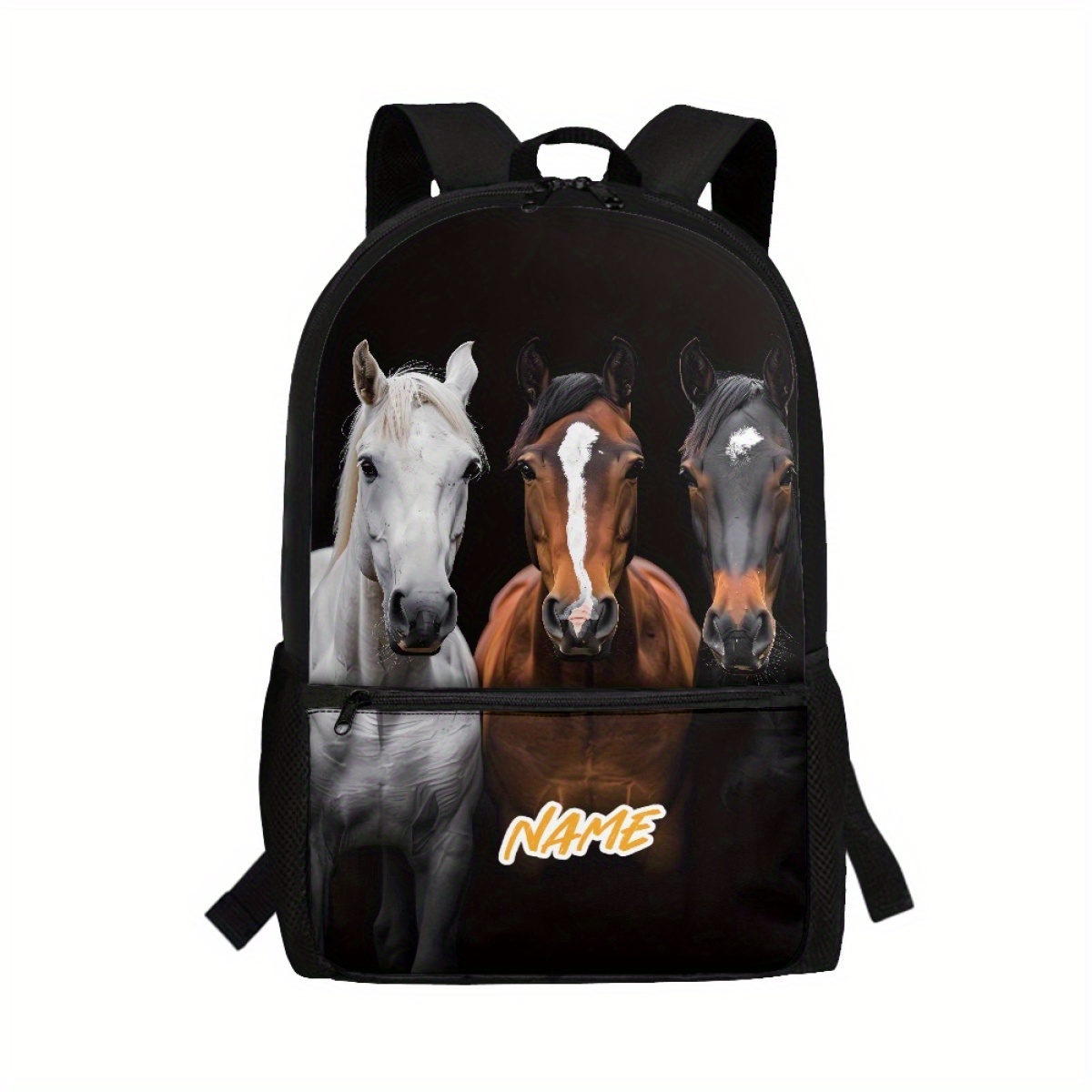 TEMU 1pc Custom Name Text Large Capacity Laptop Backpack - Stylish Horse Pattern, Durable Polyester, Adjustable Straps, Work, Travel & Commuting,