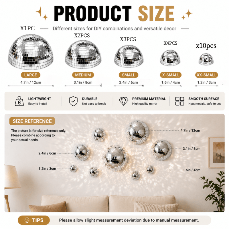 TEMU 20pcs Half Disco Ball Wall Sculptures, 3cm 4cm 6cm 8cm 12cm Disco Hemispheres Wall Ornaments, Reflective Wall Sculptures For Birthday Wedding