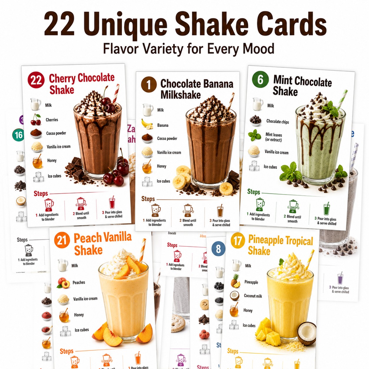 TEMU 22pcs Milkshake And Smoothie Recipe Cards, Cm English Drink Recipe Set With Ingredients And Easy Instructions, Kitchen Reference Cards For Home