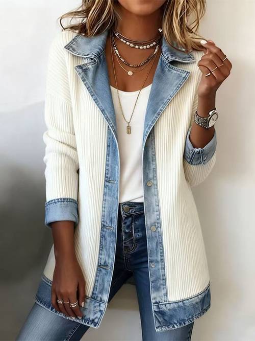 women denim spliced cardigan jacket retro collar sweater coat with turn collar color block longline boho streetwear jacket suitable for fall spring machine washable jean outerwear