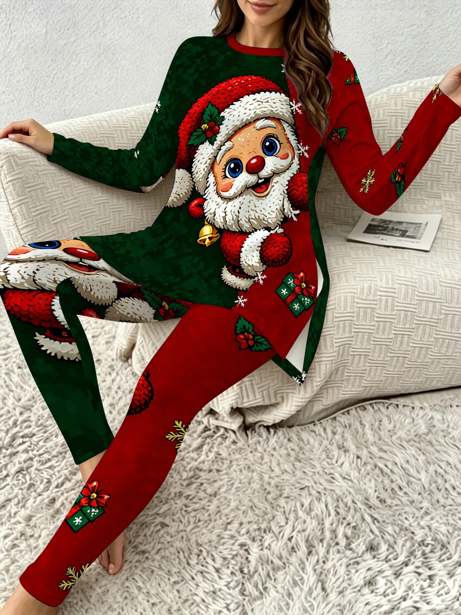 womens pants set pixel art christmas themed cute chibi santa claus   loungewear for holiday daily wear