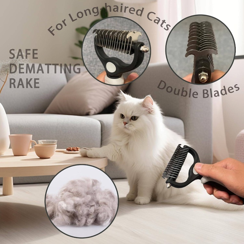 6-in-1   grooming kit with self-cleaning   brush, deshedding & dematting tools, flea comb, scissors, comb, clipper & storage bag - long/short hair care, detangling brush for   types, safe for sensitive light beige, white - ideal for   grooming, cat grooming tools, cat comb with  , cat brushes for indoor cats, cat grooming supplies, cat comb, cat accessory for indoor cat, cat brush for shedding and grooming, pet supply and accessory, cat Product details 1