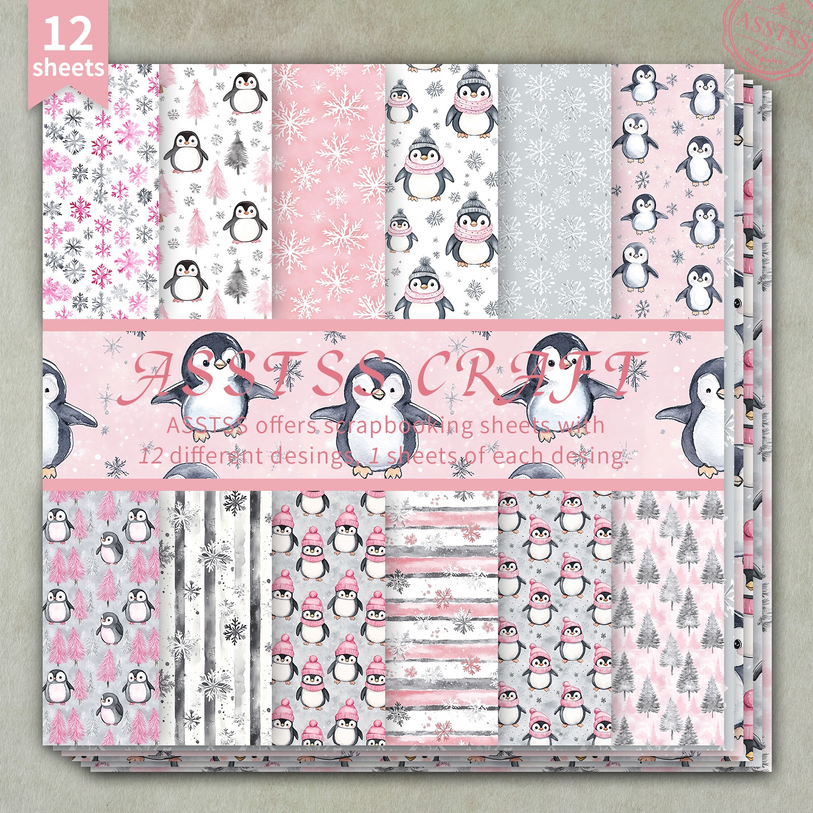 TEMU Lot de 12 feuilles de papier scrapbooking ASSTSS de 6X6 pouces, papier de base style avec pingouins et de neige à , papier cartonné épais pour