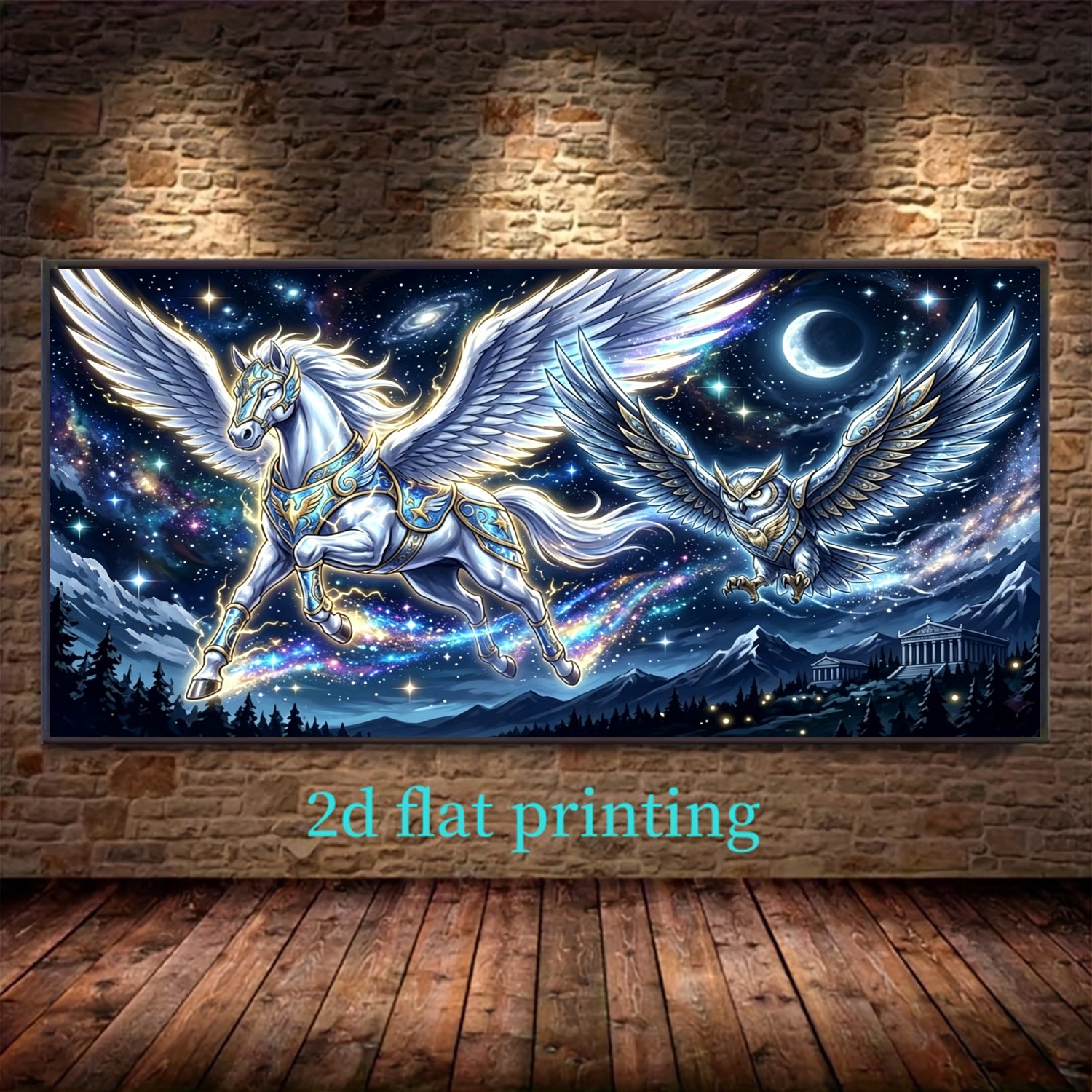 TEMU Kit de peinture diamant 2D à impression plate - Ciel avec chevaux volants et hiboux, toile ronde extra large, art mural en mosaïque cadre,
