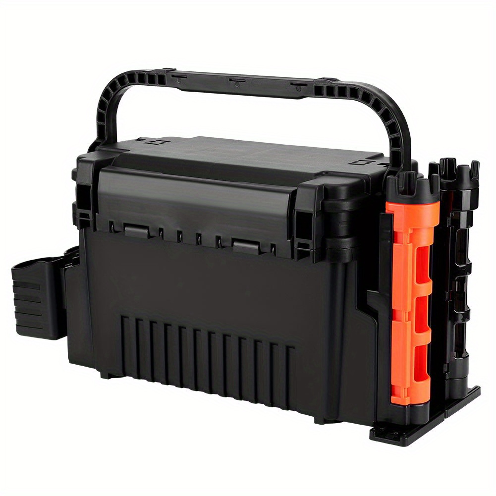 Sturdy Black Abs Fishing Tackle Box Featuring 2 Rod Holders And 2 Cup Holders - A Versatile Outdoor Storage Solution For Fishing Gear, Complete With A Portable Handle And Additions For