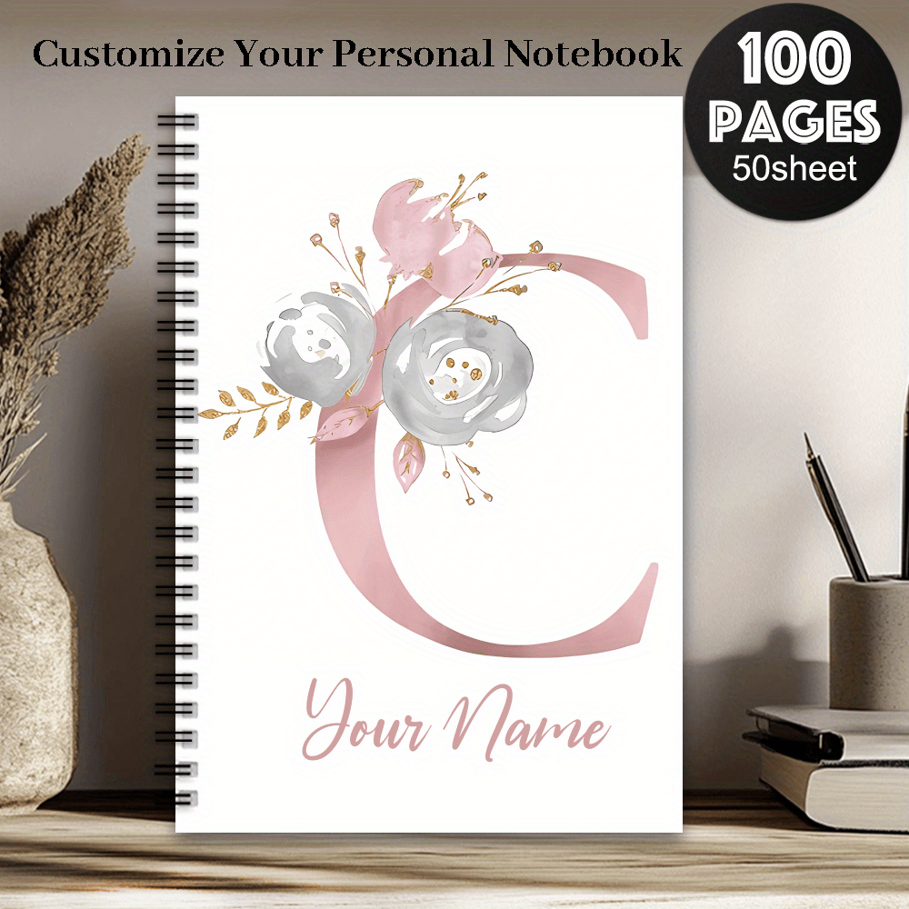 TEMU 1 Personalized Aesthetic Pink Floral Letter Spiral Notebook | Ideal Gift For Mom, Suitable For School And Office Customization, Wedding Gift,
