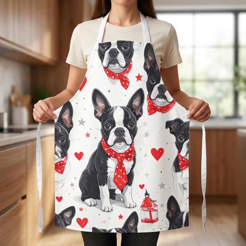 TEMU 2d Flat Printing 1pc Apron With Cute Cartoon Boston Warm Love Pattern Unisex Comfortable Fade Resistant Easy Clean For Kitchen Baker, 2d Flat