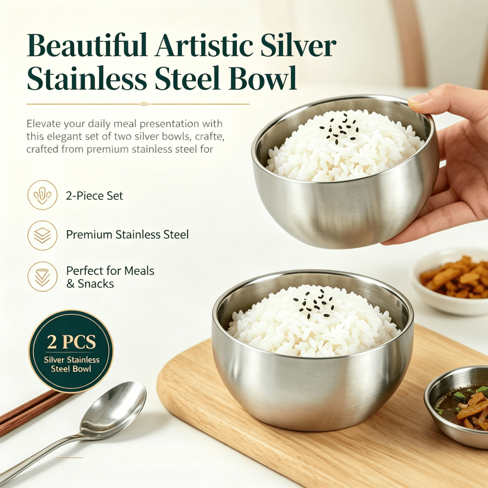 TEMU 2pcs Double Wall Stainless Steel For Rice Bowls, Brushed Metal Korean Style Insulated Soup Bowl Set, Heat Resistant Anti-scald Dinner Bowls For