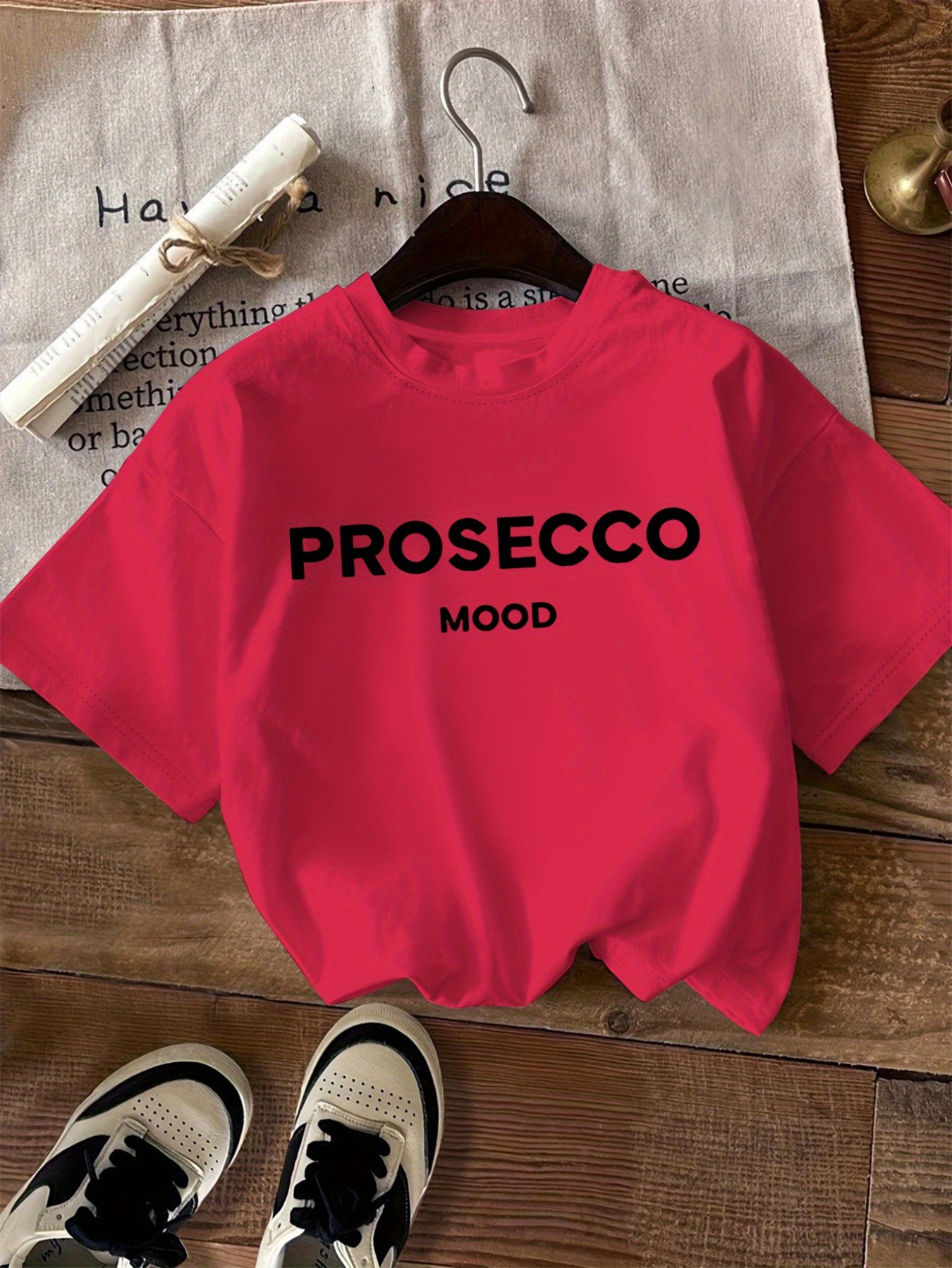 Letter print t-shirt, short sleeve crew neck casual top, Women's clothing