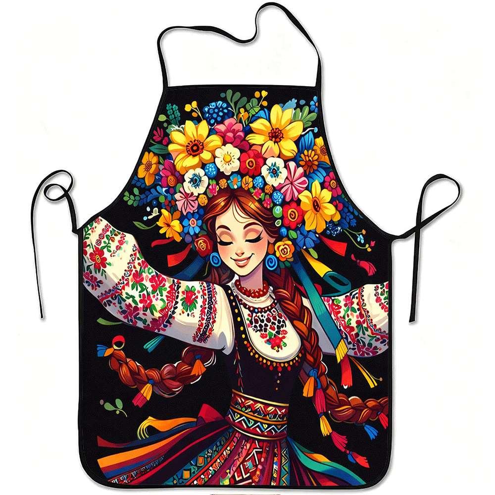 E-shop 1 Stück ukrainisches Volkskultur-Schürze mit Blumendesign, hergestellt aus strapazierfähigem und leicht zu reinigendem Polyester, mit