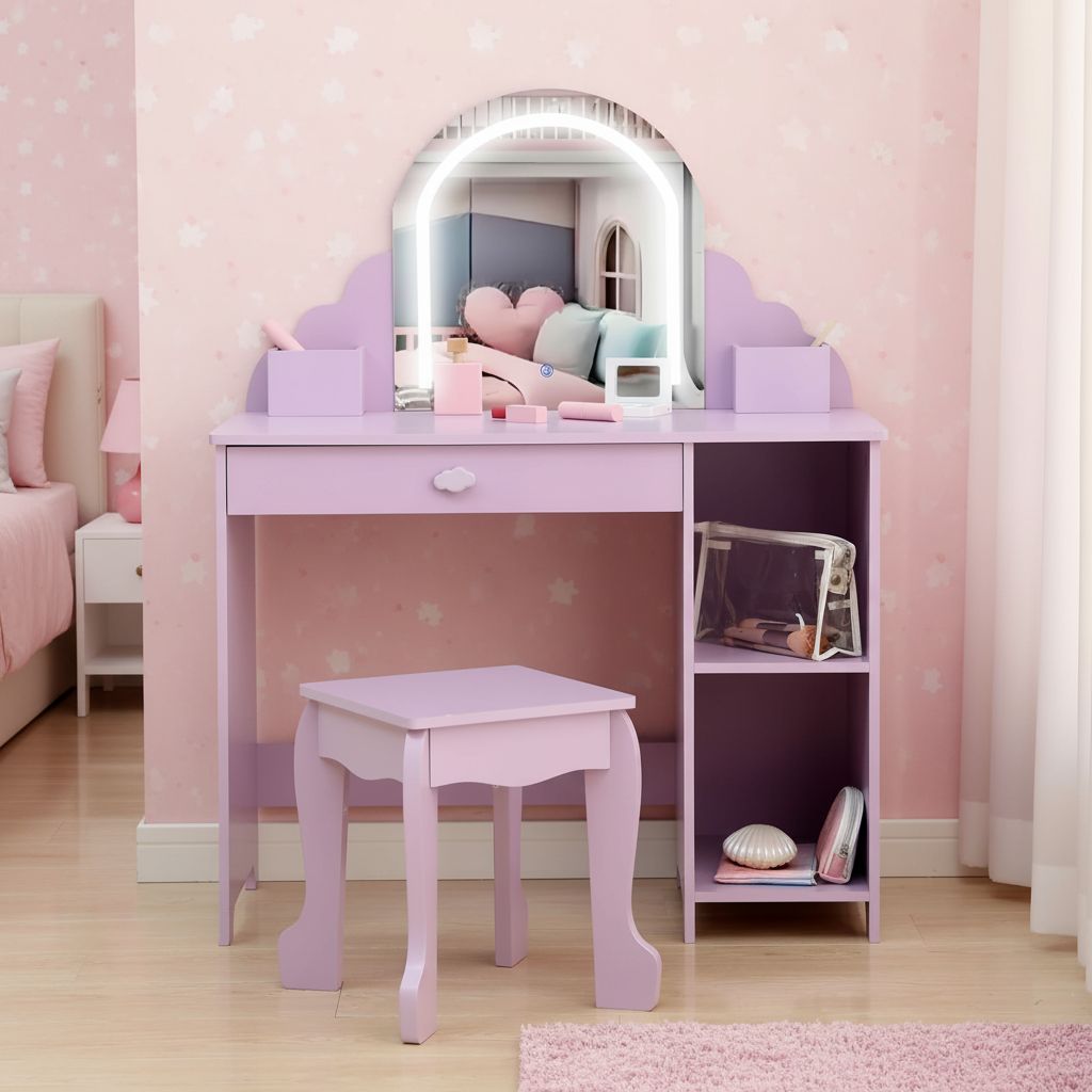 Girls' Kids Vanity Desk with Mirror & Stool - Princess Makeup Table with Drawer, Shelves & Cubbies, Toddler Dressing Table Suitable for Little Girls, Assembly, Non-Wood