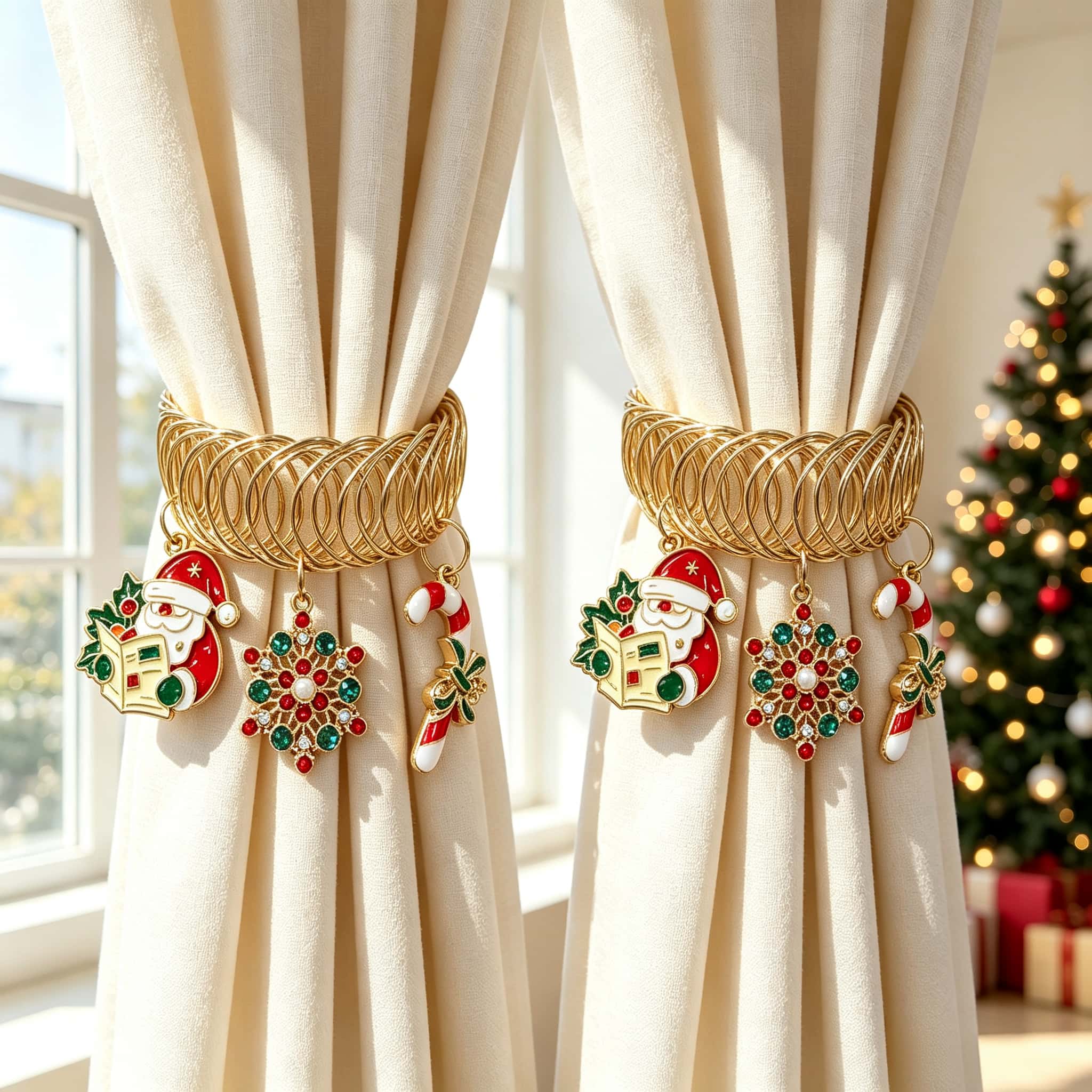 TEMU 2pcs Christmas Metal Spring Curtain Tiebacks, No Drill Golden Curtain Holders With Enamel Rhinestone Charms, Reusable Curtain For Living Room