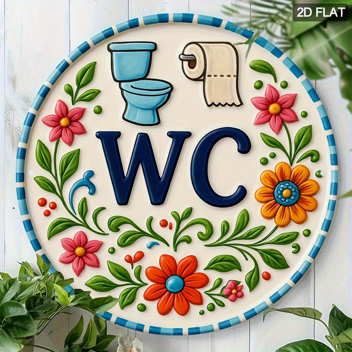 E-shop 2D-Flach, 2D-Flachebene, . Lustiges Badezimmer-Wandkunstschild – 2D-Flache Runde Aluminiumtafel mit Toilette-, Blumen- WC-Design, Hochwertig,