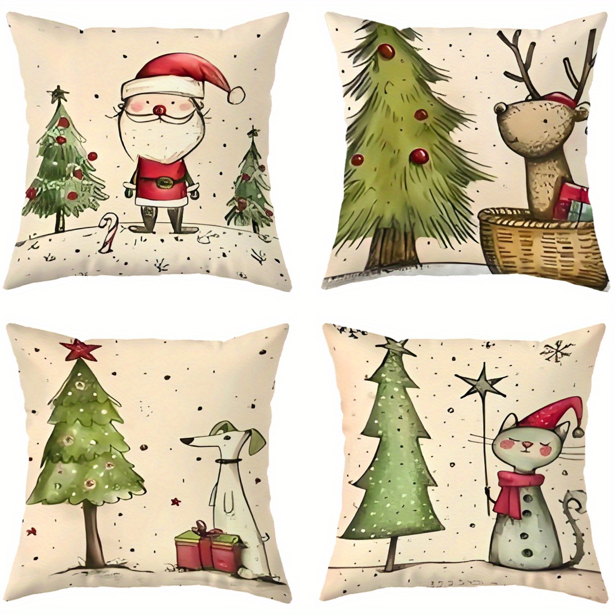 TEMU 4pcs Christmas Pillowcases, Christmas Tree Santa Claus Pattern Printed Pillow Covers, Merry Christmas Cushion Covers, , Soft Comfortable Square