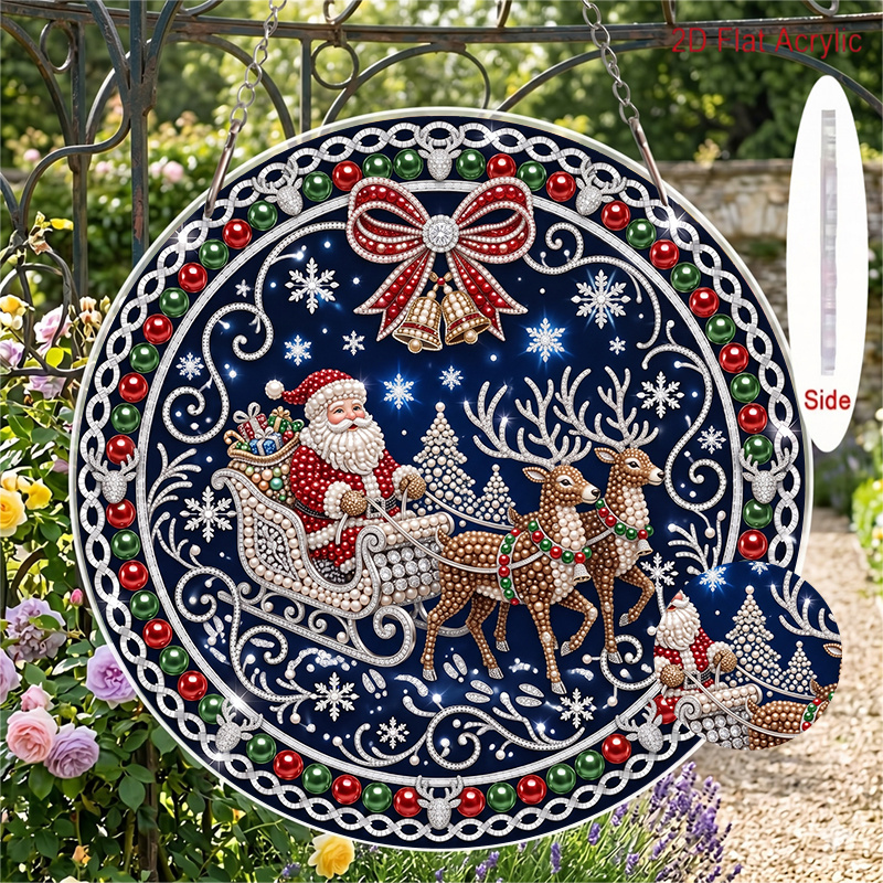 TEMU 9.6 Inch Christmas Diamond Painting Pendant Santa Sleigh Reindeer Pattern Diy Diamond Decorative Painting Decoration Acrylic Material Cross