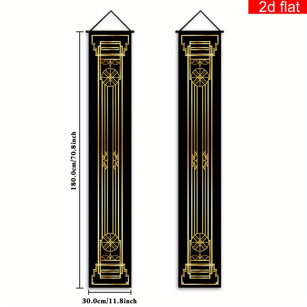 TEMU 2d Flat, 2d Flat - 2d Flat, 2d Flat - 2d Flat Banner, 2pcs Black And Golden Themed Couplets, Polyester, 1920s Column Drop-down Hollow , Hanging