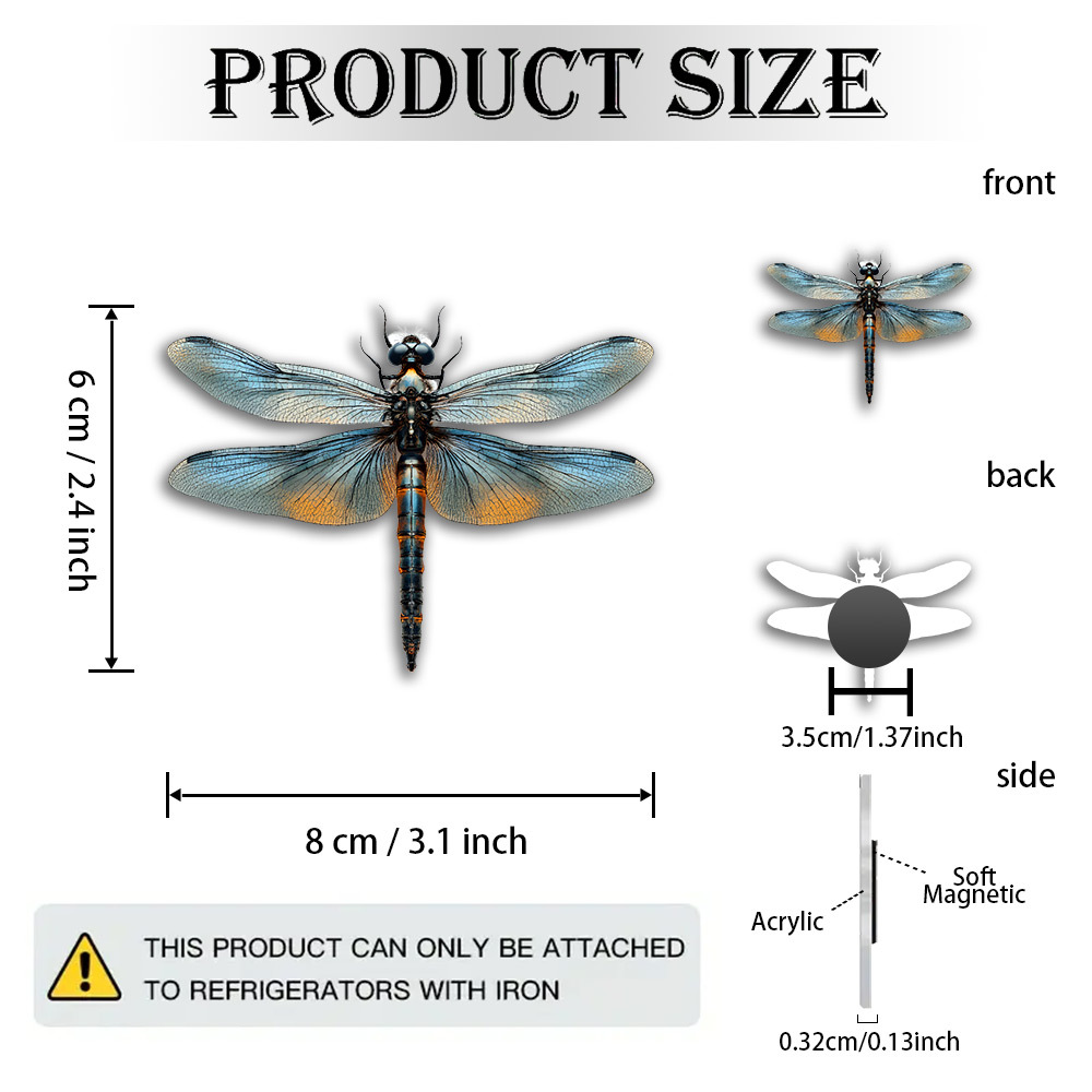 TEMU 1pc Dragonfly Magnet Suitable For Nature Enthusiasts, Translucent Wing Magnets With Metallic End & /orange Design - Acrylic & Rubber Decorative