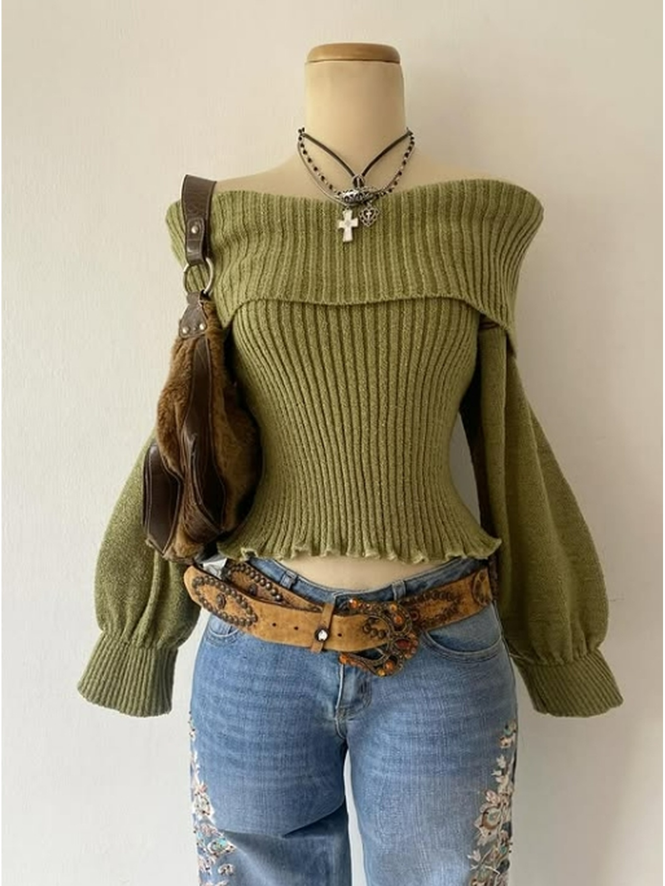 Women'S Stylish Pullover in Matcha Green, an Elegant And Casual Long-Sleeve Sweater with an Off-Shoulder Design, Perfect for Spring And Autumn, Ideal for a Chic Party Look.