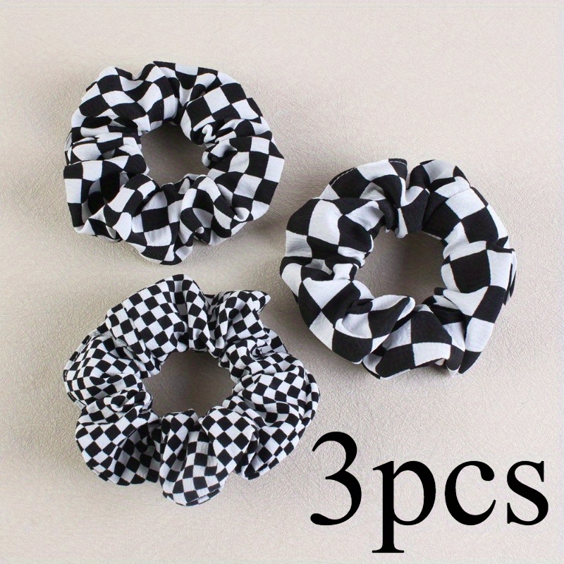 TEMU Fabric Hair Tie With Square Black & White Checkered Floral Polka Dot & Solid - Large Hair Ring For Women Teens 14+ - Soft Comfortable Hair Accessories For Casual & Formal Occasions