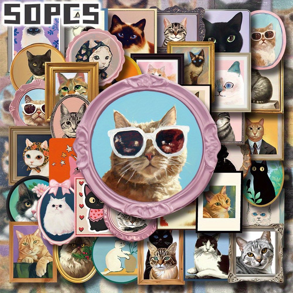 Image of 50pcs Adorable Cat In The Photo Frame Themed 2d Flat Stickers Non-repeating Delicate Decoration For Holiday Gift Celebration Party&home Decor Birthday Gift Luggage Notebook Handbook Water Bottles Cups