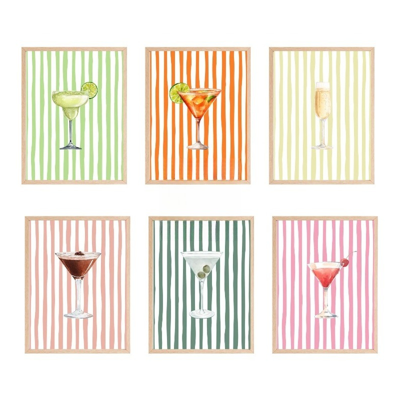 TEMU 2d Flat, 6pcs 2d Flat Striped Cocktail Wall Art, Martini Poster, Unframed Canvas Print, Wall Decor, Multiple Sizes Available, Suitable For Room