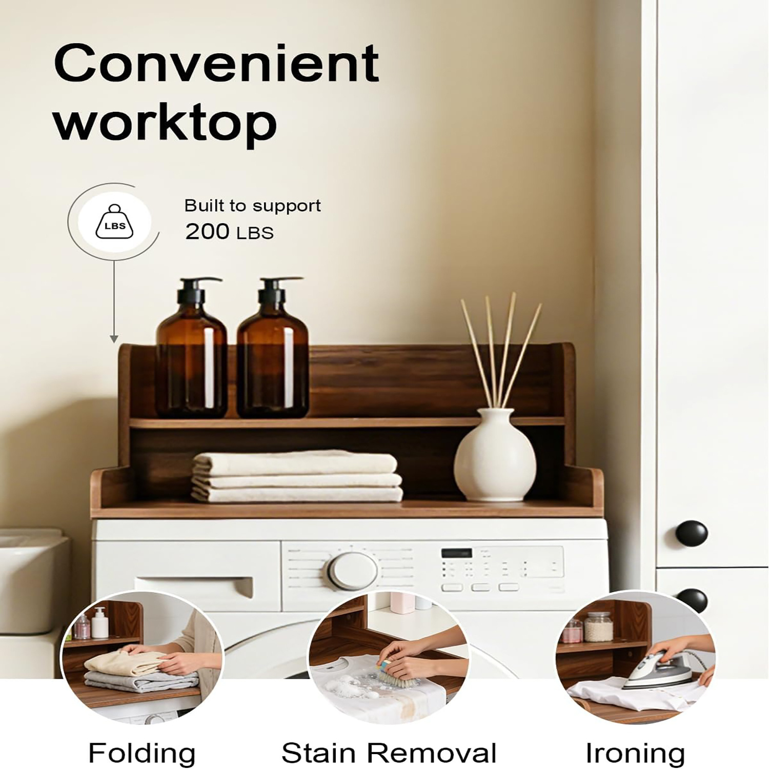 Countertop for Washing Machine and Dryer, 2-Tier Washer-Dryer Countertop, Wooden Laundry Countertop for Washing Machine and Dryer, Washer-Dryer Countertop for Laundry Room Organization, Utility Racks