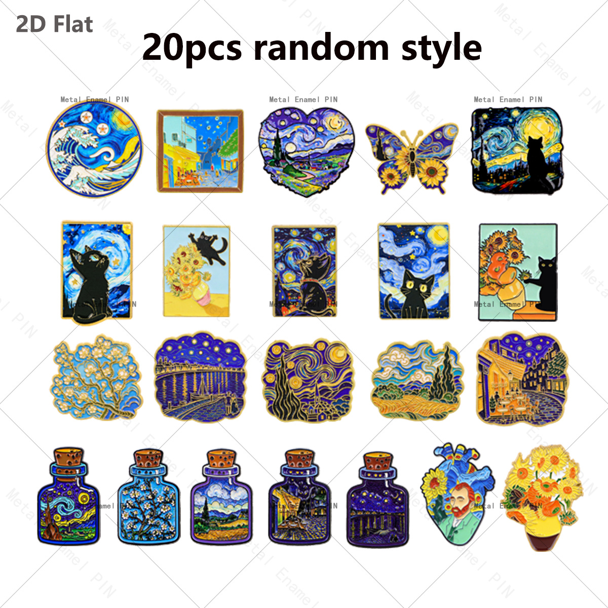 TEMU 2d Flat 20pcs Random Style Van Gogh For Art Painting Enamel Pins Starry Night Sunflower Cat Lapel Brooch Pin, Vintage For Artwork Decorative