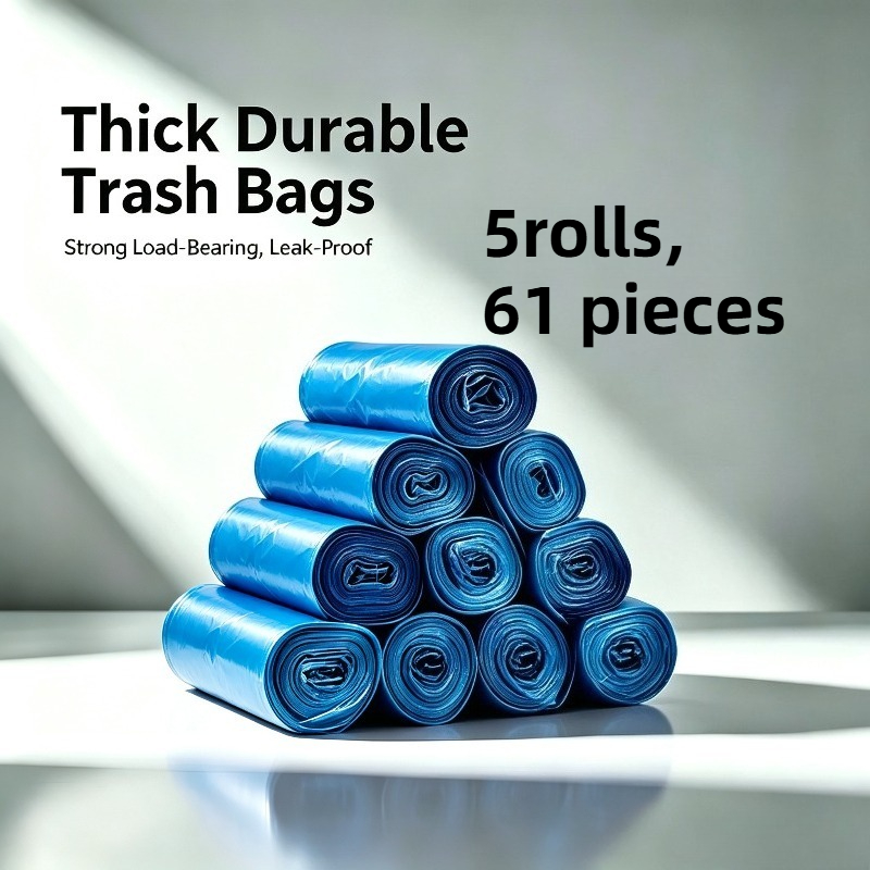 TEMU 5-roll, 61-count Blue Heavy-duty Leak-proof And Trash Bags - Extra Large Thick Garbage Bags, Tear-resistant, Suitable For Home, Office, Kitchen,