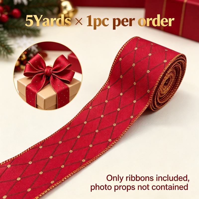 TEMU 5yards Wired Burlap Ribbon Suitable For Christmas, Diy Bow Making, Wine Red Lattice Print Wide Strip - For Into Bow Pieces For Wreaths, Gift