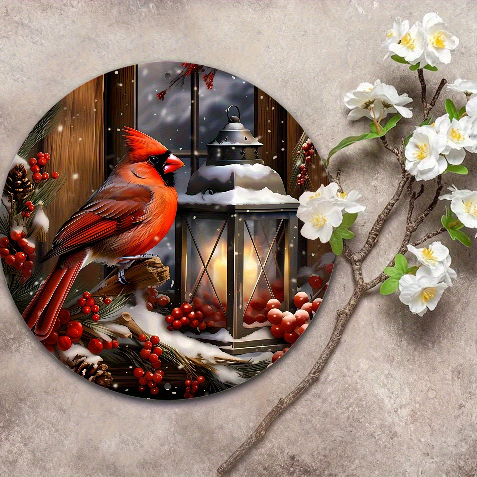TEMU 2d Flat - Round Aluminum Art Plate Featuring A And An Oil Lamp With A Winter Wreath Design, With Snowflakes And . This Durable Decor Piece Is