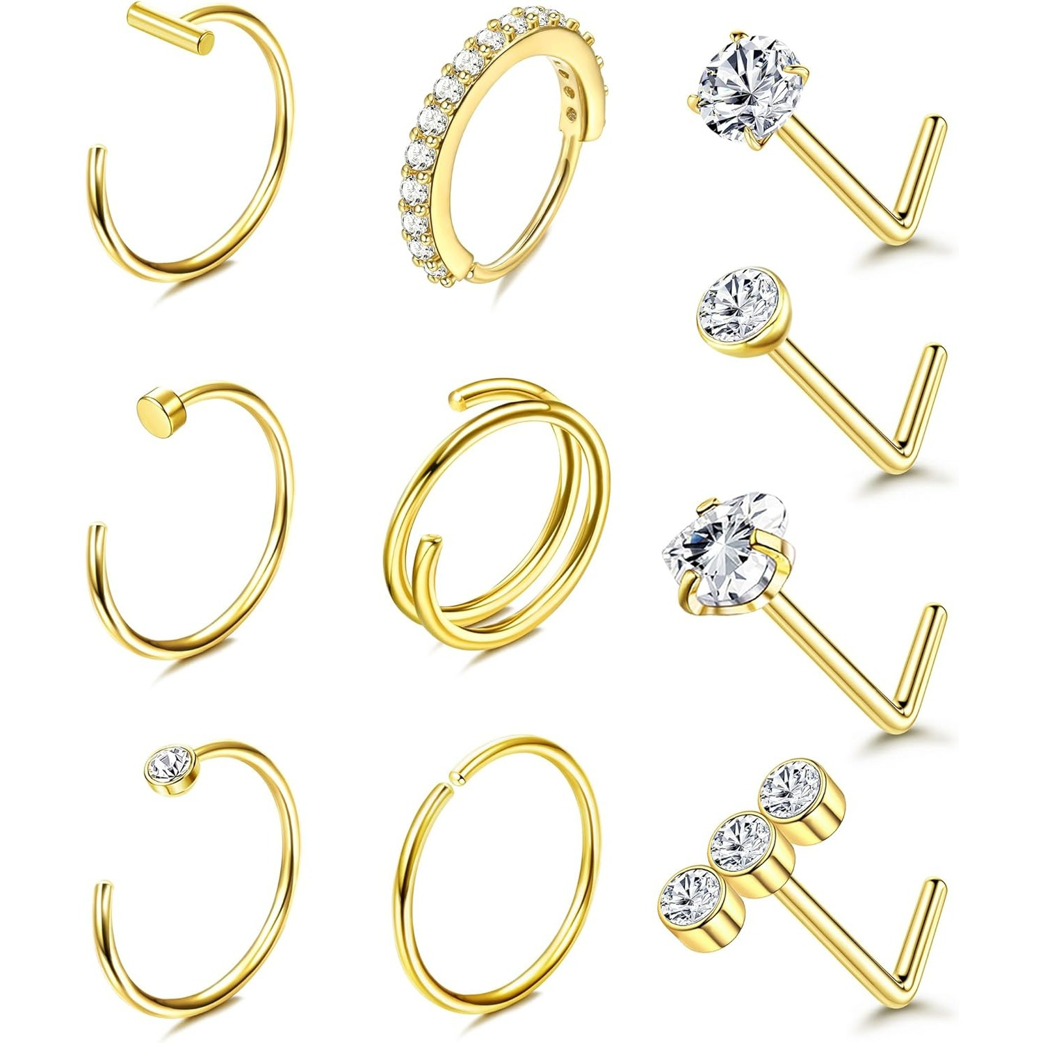 Image of 10pcs 14k Plated Nose Ring Studs 20g Nose Rings Hoops Stud 316l Stainless Steel Nose Rings Round Cz Heart Simulated L Shaped Nose Stud Hypoallergenic Nostril Piercing Jewelry For Women Men